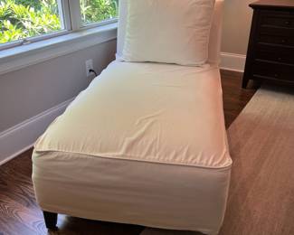 F14 - $150. Slipcovered Pottery Barn Chaise Lounge Chair. Measures 30.5" wide x 55.25" long x 33.25" tall.