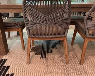 F36 - $1200. Set of 6 Easton Side Chairs, Gray, from One Kings Lane. Woven Rope & Mahogany Framework. Seat cushions upholstered in light gray linen blend fabric. Measures 23.5" wide x 26" deep x 33.5" tall. (Retail was $2568)