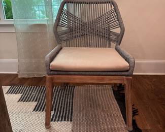 F36 - $1200. Set of 6 Easton Side Chairs, Gray, from One Kings Lane. Woven Rope & Mahogany Framework. Seat cushions upholstered in light gray linen blend fabric. Measures 23.5" wide x 26" deep x 33.5" tall. (Retail was $2568)