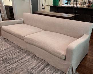 F5 - $2600. Restoration Hardware Belgian Slope Arm, 2 cushion Sofa. . Down filled cushions. Linen slipcover. Measures 9' long x 42" deep x 31" tall.