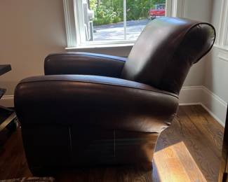 F24 - $400. Pottery Barn by Mitchell Gold Leather Chair & Ottoman. Measures 36" x 33.5" x 34" tall. Ottoman 25" x 20.5" x 14.75" tall.