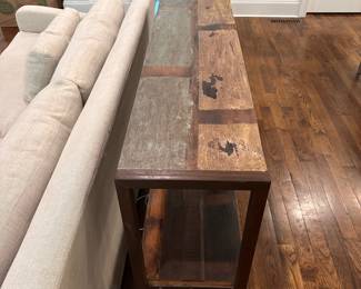 F32 - $125. Metal & Reclaimed Wood Console Table. "Avila Console Table". Measures 5' x 16" x 33.5" tall. Purchased at a furniture market.