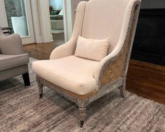 F9 - $250. Gustavian Chair, Taupe Fabric, Open Webbed. Measures 29" wide x 33" deep x 40" tall. Floor to seat is 16". There is some damage to the underside of the chair, probably from the cat. You don't notice it unless you flip it over.