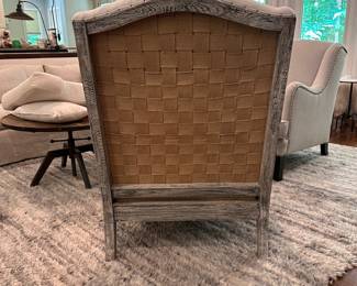 F9 - $250. Gustavian Chair, Taupe Fabric, Open Webbed. Measures 29" wide x 33" deep x 40" tall. Floor to seat is 16". There is some damage to the underside of the chair, probably from the cat. You don't notice it unless you flip it over.