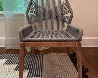 F36 - $1200. Set of 6 Easton Side Chairs, Gray, from One Kings Lane. Woven Rope & Mahogany Framework. Seat cushions upholstered in light gray linen blend fabric. Measures 23.5" wide x 26" deep x 33.5" tall. (Retail was $2568)