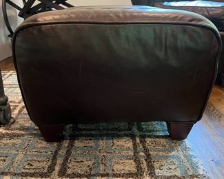 F24 - $400. Pottery Barn by Mitchell Gold Leather Chair & Ottoman. Measures 36" x 33.5" x 34" tall. Ottoman 25" x 20.5" x 14.75" tall.