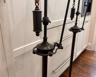 F31 - $400 PAIR Pottery Barn Glendale Task Pulley Floor Lamps. Measures 62.5" tall.