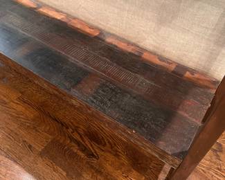 F32 - $125. Metal & Reclaimed Wood Console Table. "Avila Console Table". Measures 5' x 16" x 33.5" tall. Purchased at a furniture market.