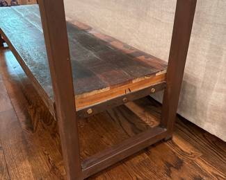 F32 - $125. Metal & Reclaimed Wood Console Table. "Avila Console Table". Measures 5' x 16" x 33.5" tall. Purchased at a furniture market.