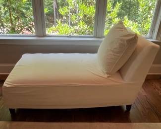F14 - $150. Slipcovered Pottery Barn Chaise Lounge Chair. Measures 30.5" wide x 55.25" long x 33.25" tall.