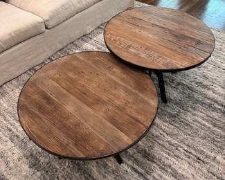 F6 - $175 Each. Pottery Barn "Blaine" Bunching Tables / Adjustable Coffee Tables. Measures 31.5" wide x 16 - 28" tall.