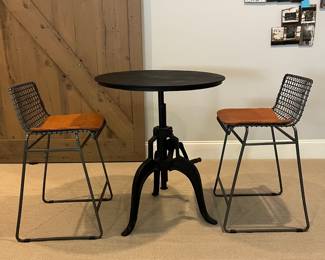 (F28A - Stools F28B - Table.) F28A - $225 PAIR Crate & Barrel - Tig Metal Counter Stools. Measures 19.5" x 19.25" deep x 34.25" tall. F28B - $275. Pottery Barn Adjustable Table is 29.75" x 35" tall. Adjustable Height.