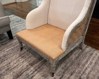 F9 - $250. Gustavian Chair, Taupe Fabric, Open Webbed. Measures 29" wide x 33" deep x 40" tall. Floor to seat is 16". There is some damage to the underside of the chair, probably from the cat. You don't notice it unless you flip it over.