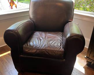 F24 - $400. Pottery Barn by Mitchell Gold Leather Chair & Ottoman. Measures 36" x 33.5" x 34" tall. Ottoman 25" x 20.5" x 14.75" tall.