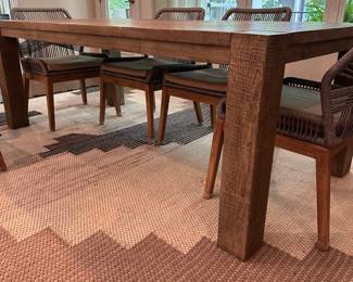 F35 - $1200. TABLE ONLY. (Chairs are priced separately.) Restoration Hardware Reclaimed Oak Parsons Rectangular Dining Table featuring thick, block legs and a rustic driftwood finish. Natural Oak Finish. Measures 39.5" wide x 7' long x 30" tall. Weighs 224#. Also has 2 - 24" leaves that attach to the ends of the table.