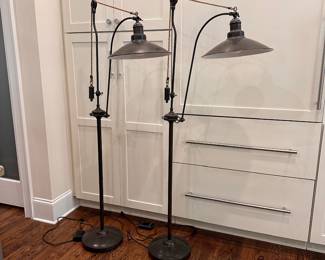F31 - $400 PAIR Pottery Barn Glendale Task Pulley Floor Lamps. Measures 62.5" tall.