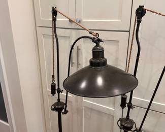 F31 - $400 PAIR Pottery Barn Glendale Task Pulley Floor Lamps. Measures 62.5" tall.