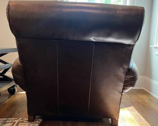 F24 - $400. Pottery Barn by Mitchell Gold Leather Chair & Ottoman. Measures 36" x 33.5" x 34" tall. Ottoman 25" x 20.5" x 14.75" tall.