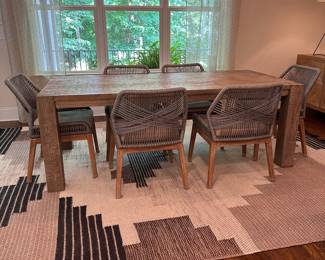 F36 - $1200. Set of 6 Easton Side Chairs, Gray, from One Kings Lane. Woven Rope & Mahogany Framework. Seat cushions upholstered in light gray linen blend fabric. Measures 23.5" wide x 26" deep x 33.5" tall. (Retail was $2568)