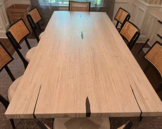 F2 - $1,500. Arhaus, Nika Spalted Oak 94" Rectangular Dining Table. Measures 94" x 43.25" x 29.5" tall.