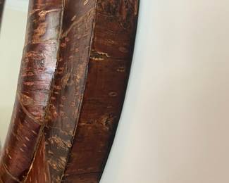 F20 - $100. Pottery Barn "Bark Wrapped" Wood Framed Mirror. Measures 32.5" round.