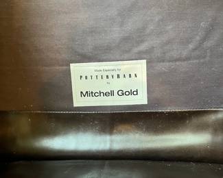 F24 - $400. Pottery Barn by Mitchell Gold Leather Chair & Ottoman. Measures 36" x 33.5" x 34" tall. Ottoman 25" x 20.5" x 14.75" tall.