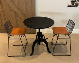 (F28A - Stools F28B - Table.) F28A - $225 PAIR Crate & Barrel - Tig Metal Counter Stools. Measures 19.5" x 19.25" deep x 34.25" tall. F28B - $275. Pottery Barn Adjustable Table is 29.75" x 35" tall. Adjustable Height.