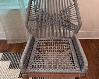 F36 - $1200. Set of 6 Easton Side Chairs, Gray, from One Kings Lane. Woven Rope & Mahogany Framework. Seat cushions upholstered in light gray linen blend fabric. Measures 23.5" wide x 26" deep x 33.5" tall. (Retail was $2568)