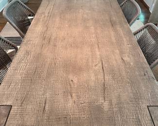 F35 - $1200. TABLE ONLY. (Chairs are priced separately.) Restoration Hardware Reclaimed Oak Parsons Rectangular Dining Table featuring thick, block legs and a rustic driftwood finish. Natural Oak Finish. Measures 39.5" wide x 7' long x 30" tall. Weighs 224#. Also has 2 - 24" leaves that attach to the ends of the table.