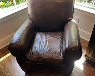 F24 - $400. Pottery Barn by Mitchell Gold Leather Chair & Ottoman. Measures 36" x 33.5" x 34" tall. Ottoman 25" x 20.5" x 14.75" tall.
