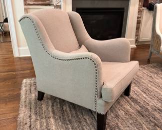 F10 - $175. Pottery Barn Grey Upholstered Chair. Measures 28" wide x 34" deep x 35" tall. Floor to seat is 17". (This was the kitties favorite chair - so while it has been vacuumed and lint rolled you might still find a few stray hairs!)