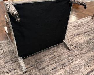 F9 - $250. Gustavian Chair, Taupe Fabric, Open Webbed. Measures 29" wide x 33" deep x 40" tall. Floor to seat is 16". There is some damage to the underside of the chair, probably from the cat. You don't notice it unless you flip it over.