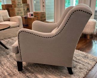 F10 - $175. Pottery Barn Grey Upholstered Chair. Measures 28" wide x 34" deep x 35" tall. Floor to seat is 17". (This was the kitties favorite chair - so while it has been vacuumed and lint rolled you might still find a few stray hairs!)