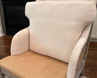 F9 - $250. Gustavian Chair, Taupe Fabric, Open Webbed. Measures 29" wide x 33" deep x 40" tall. Floor to seat is 16". There is some damage to the underside of the chair, probably from the cat. You don't notice it unless you flip it over.