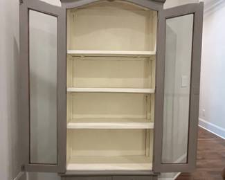 F26 - $250. Grey Display Cabinet with wooden shelves. Measures 38" wide x 15.25" deep x 79" tall.