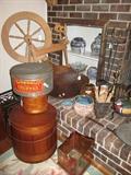 Antique firkins, tins, spinning wheel