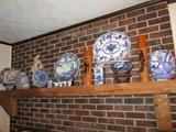 GREAT collection of blue and white porcelain (large platter hanging on wall is "Minton" (chip on back)