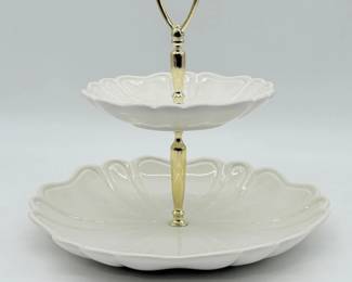 140 Vintage2TierCalifUSAWhiteCeramicScallopedServingTray