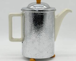 2 VintageWMFGermanArtDecoStyleHammeredMetalCeramicCoffeePot