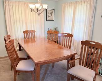1 MissionStyleWoodenDiningTableSetwExtensionLeaf6Chairs