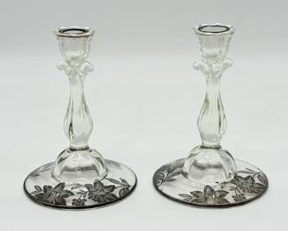 131 VintageGlassCandleHolderswSilverOverlayDetail
