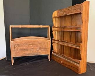 Wooden Shelf and Carved Magazine Holder