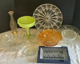 Mix of Crystal, Carnival Glass , Fenton Glass Cabbage Rose Cut Glass