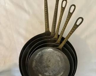 Vintage Copper and Stainless Skillets with Brass Handles
