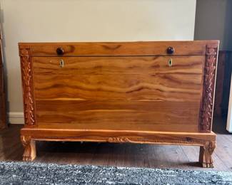Vintage Carved Wood Cedar Chest With Key