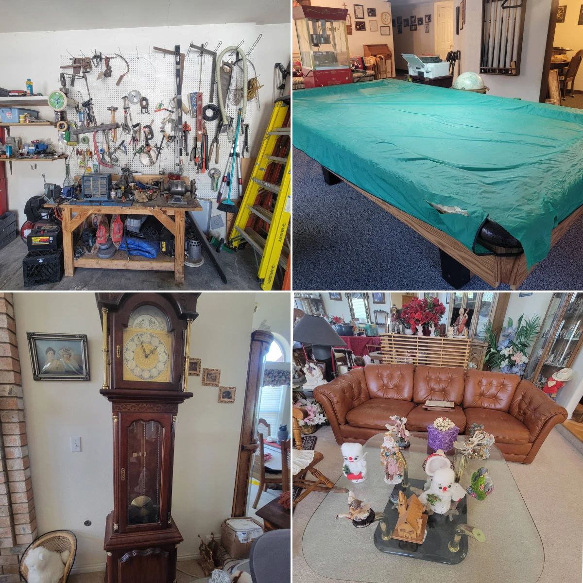 Tools, air compressor, grandfather clock, couch, table, pool table...