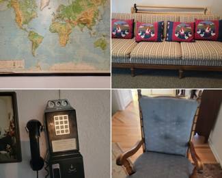 World map, antique telephone...