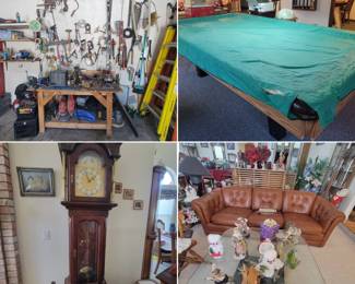 Tools, air compressor, grandfather clock, couch, table, pool table...