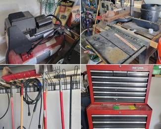 Fishing net, battery, table saw, drill press, band saw, tool cabinet, yard tools...