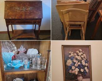 Antique desk, glassware, china...